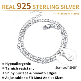 ChicSilver 2.8mm Figaro Chain Anklet 925 Sterling Silver Ankle Bracelets for Women Simple Dainty Waterproof Anklet Womens Anklets Jewelry for Beach Gifts for Mom