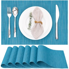 Myir JUN Set of 6 Washable Placemats, Woven, Washable, Non-Slip, Heat-Resistant, Vinyl Placemats, Washable for Kitchen, Dining Table, Hotel, Place Mats 30 x 45 cm (Blue)