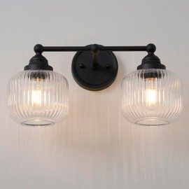 SongCiLT Vintage 2-Lights Clear Ribbed Glass Wall Sconce Lighting Black Finished, Double Head Bathroom Vanity Light Fixture for Bedroom Living Room Dining Room Hallway