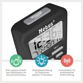 Mebus Funkwecker mit Temperaturanzeige, kompakte Reisegröße, Funkuhr, Zwei Weckzeiten, Alarm mit Weckwiederholung (Snooze), Datum, Wochentag, Displaybeleuchtung, Farbe: Schwarz, Modell: 25799