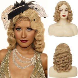 Amnenl Blonde Finger Wave Wigs for Women 1920s Medium Length Side Part Natural Flapper Wig Synthetic Heat Resistant Hair Wig for Vintage Daily Party