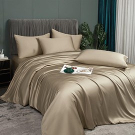 Luofanfei Cooling Summer Bed Linen 135 x 200 cm Gold Khaki Bamboo Polyester Shiny Smooth Plain Bed Linen Set Luxury Plain Two-Piece Duvet Cover Set 135 200 cm Single Bed with Zip