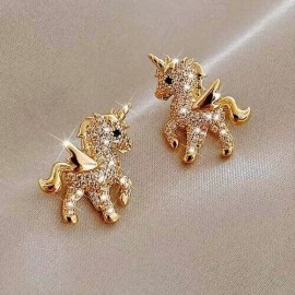 Unbranded Pair Of Gold Tone Crystal Unicorn Earrings For Girls, Unicorn Earrings For Girls