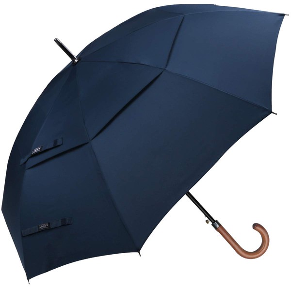 G4Free Wooden J Handle Classic Golf Umbrella Windproof Auto Open 52 inch Large Oversized Double Canopy Vented Rainproof Cane Stick Umbrellas for Men Women (Blue)