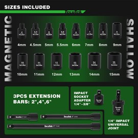 TecoTek 19-Piece 1/4" Drive Shallow Magnetic Impact Socket Set, Metric, 4mm-15mm, 6 Point, CR-MO, Magnetic Socket with Impact Socket Adapter, Universal Joint & Extension