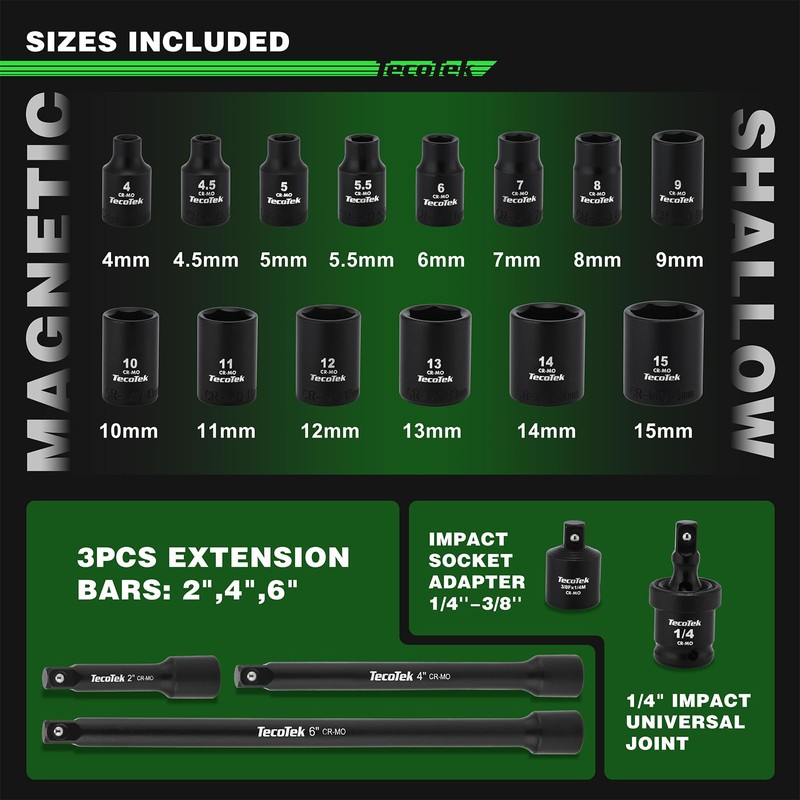 TecoTek 19-Piece 1/4" Drive Shallow Magnetic Impact Socket Set, Metric,