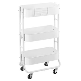 Slim 3-Tier Rolling Utility Cart, Narrow Metal Storage Cart with Wheels, Multifunctional Organizer Cart, Bathroom Storage Cart with Extra Hook, Laundry Room, Kitchen, Small Space, Bedroom,(White)