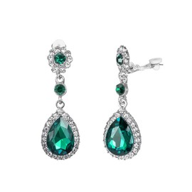 Gorgeous Austrian Crystal Rhinestone Wedding Bridal Teardrop Drop Dangle Earrings (Clip on Emerald green)