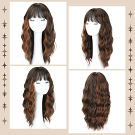 NOVFLKW Brown Highlight Medium Long Wavy Wigs for Women 20inch Highlight Brown Wig with Bangs-Shoulder Length Wavy Curly Synthetic Heat Resistant Fiber Full Hair For Daily Use