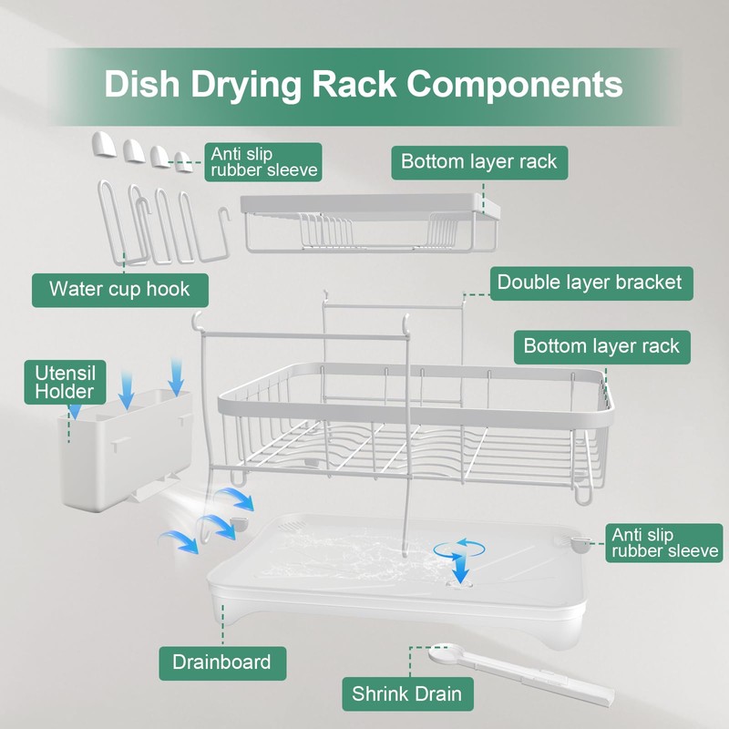 HOMEAILIE Dish Drying Rack, Two-Tier Dish Drying Rack with Utensil