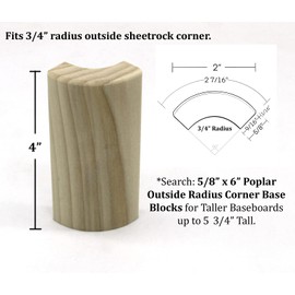 5/8" x 2" x 4" Poplar (Paint Grade) Outside Radius Corner Base Block, Trim Molding for Thin Baseboard (18)