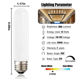 XININSUN T10 led bulb, Dimmable T10 frosted led light bulbs,8W Led tube bulbs, 60-75 Watt Equivalent,2700K Warm White,E26 Base Bulb for Desk Lamp,bathroom,Cabinet Display...milk white-3 Pack
