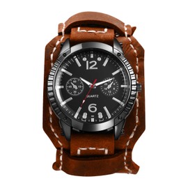 OIDEA Steampunk Leather Cuff Watch: Men Women Vintage Punk Rock Wide Leather Band Analog Quartz Wrsit Watches Big Face Round Dial Outdoor Casual Sport Watch, Brown Strap