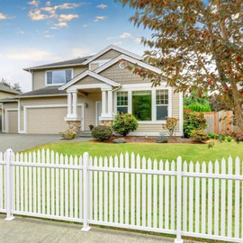 Patio Vinyl Picket Fence Panels 36" H x 84" W White PVC Decorative Fence for Front Yard Porch Patio Deck Pool Air Conditioner Fence Safety Dog Fence (20 Pickets, Scallop)