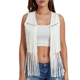 ensswliz Women Fringe Vest 70s Hippie Costume Sleeveless Rivets Fringe Open Front Faux Suede Waistcoat Western Vest (White, M)