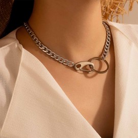 Inateannal Cuban Link Chain Necklace for Women Silver O Ring Choker Necklace Punk Curb Chain Circle Necklace Hip Hop Jewellery for Girls, Silver