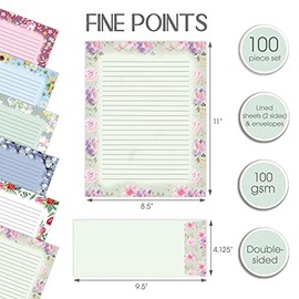 Better Office Products Juego de papelería de papel floral, juego de 100 piezas (50 hojas forradas + 50 sobres a juego), tamaño carta de 8.5 x 11 pulga
