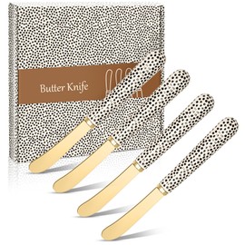 Siutco 4PCS Stainless Steel Butter Knife Set, 6.8in Spreaders with Patterned Ceramic Handles, Dishwasher Safe, Gift Box Included, for Cheese, Butter, Jam (gold)