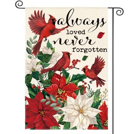 Always Loved Never Forgotten Memorial Garden Flag 12x18 Inch Double Sided Outside,Cardinal Christmas Poinsettia Yard Outdoor Decorative Flag