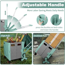 FELICON Folding Climber Utility Cart Rolling Crate Tote on Rotate Wheels with Adjustable Handle Hidden Lid Cup Holder Storage Bin for Teacher Office File Move Shop Travel Laundry Grocery(Green Gray)