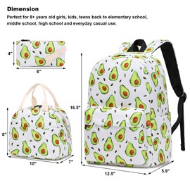 Kouxunt Avocado Girls School Backpacks for Kids Teens, 3-in-1 School Bag Bookbags Set with Lunch Bag Pencil Case