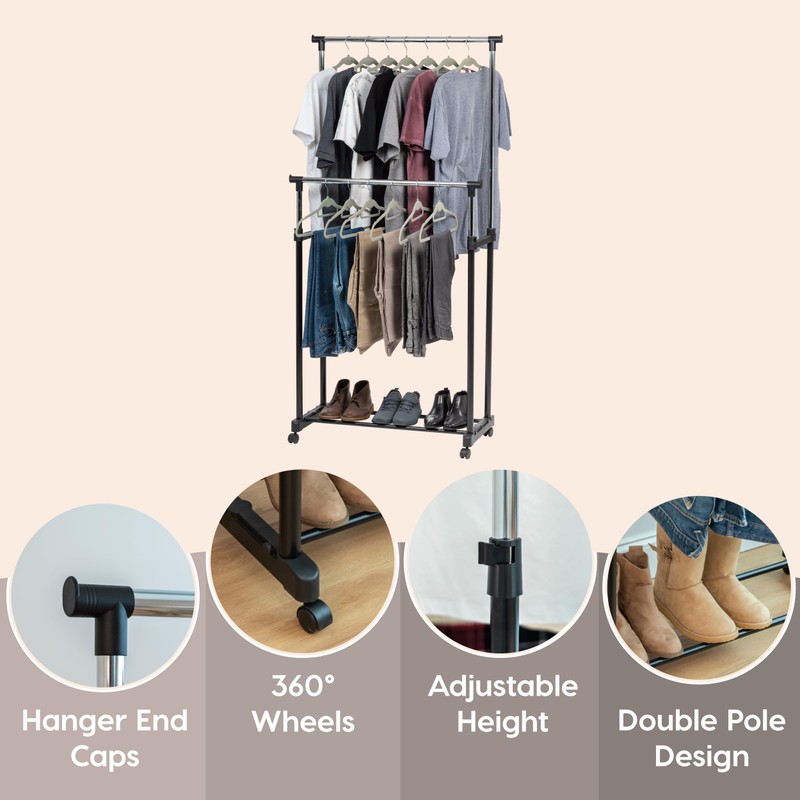 IRIS USA Clothes Rack, Portable Double-Rod Height Adjustable with Lockable