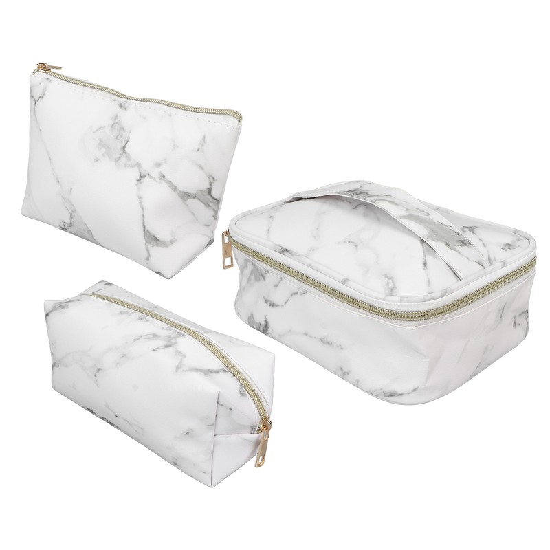 3Pcs Women Cosmetic Bag Marble Print Makeup Case Storage Handbag