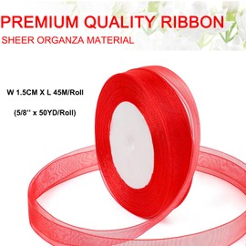 Red Ribbon for Gifts Wrapping, 5/8 inch 50Yard Sheer Organza Tulle Ribbon, Christmas Red Gift Wrap Ribbon, Chiffon Ribbon for Flower Bouquet, Hair, Crafts, Wedding