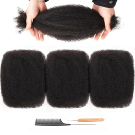 Originea 3 Bundles Afro Kinkys Bulk Human Hair for Dreadlocks and Twist Braiding Full Head Human Hair Soft Afro Kinky Curly Hair Bulk for Dreads (45 cm, #1B Natural Black)