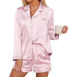 Ekouaer Silk Pajamas Womens Long Sleeve Sleepwear Soft Satin Button Down Loungewear 2 Piece Pjs Shorts Set S-XXL Pink Leopard