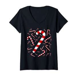 Womens Candy Cane Candy Costume Stick Peppermint Flavor Christmas V-Neck T-Shirt