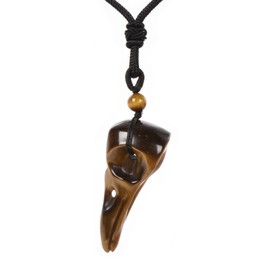 Justinstones Carved Yellow Tiger Eye Raven Skull 47mm Figurine Bird Beak Crow Head Statue Healing Animal Gothic Pendant Necklace Gemstone Jewelry Adjustable Cord 18 to 28 inch
