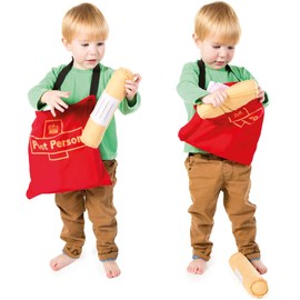 PRETEND TO BEE Postal Worker - Accessories, 5 Piece Soft Play Parcels and Red Postal Bag, 18+ Months
