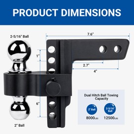 Adjustable Trailer Hitch Fits 2-Inch Receiver, Tow Hitch with with 6-Inch Drop/Rise, Dual Solid Ball 2" & 2-5/16" (12,500 LBS GTW) - Double Anti-Theft Locking Hitch Pins & 2" Hitch Tightener