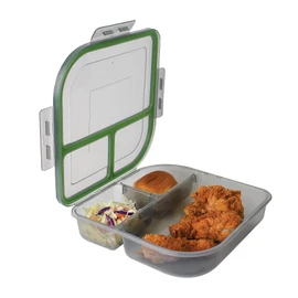 Large To-Go 3-Compartment Food Container, 9.4" X 9.4" X 2.5", Reusable, Microwave Safe, NSF Certified, Smoke/Green