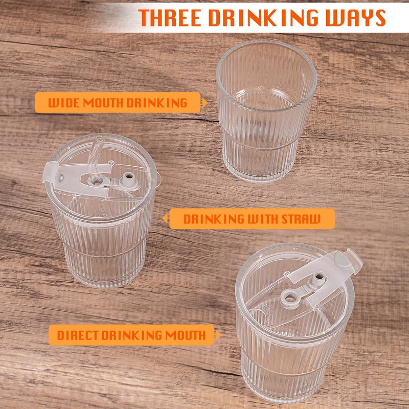 13oz/400ML Glass Tumbler with Straw and Lid Ribbed Vertical Ice