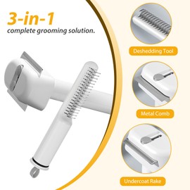 L&W BROS. 3-in-1 Cat Grooming Brush Set | Comb, Undercoat Rake, Double Sided Deshedding Tool for Long & Short Hair Dog Brush for Shedding Cat Hair Remover for All Breeds (White)