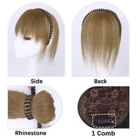 G&T Ash Blonde Human Hair Toppers with Rhinestone Band for Women Clip in Bangs with Band Straight Hairpiece for Thinning Hair (Ash Blonde)
