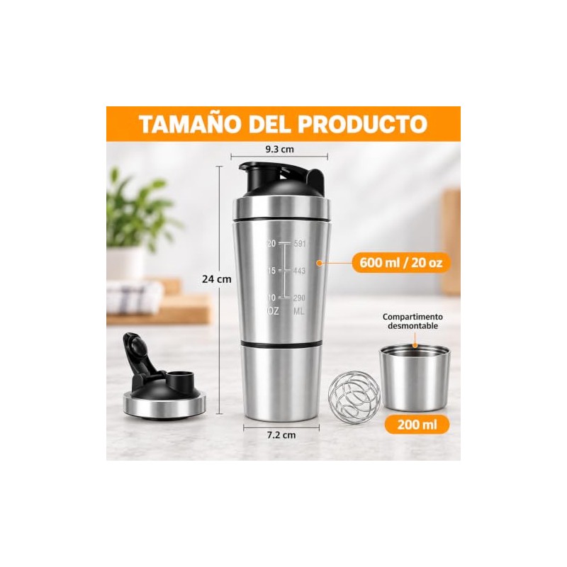 Janety Shaker Prote?na de Acero Inoxidable 600 Ml con Compartimento