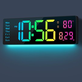 Digital Wall Clock Large Display 16", Digital Clock with 11 RGB Colors Changing Remote Control, LED Clocks with Night Lights for Living Room Bedroom Office Classroom Decor, Auto DST (Multicolor)