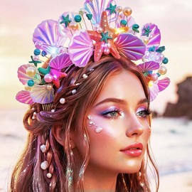 Tiaras Y Coronas Con Forma De Sirena Y Estrellas De Mar Iluminadas, Diadema Con Corona De Conchas Marinas Con Múltiples Luces Led, Accesorios Para El Cabello D De Colores Talla Libre