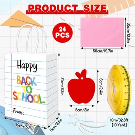 FYSUIMU 24Pcs Back to School Paper Bags with Tissue Paper Apples Tag Ribbon Novel Homework Design Gift Treat Bags with Handles for First Day of School Birthday Baby Shower