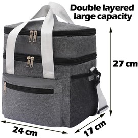 CXAFQ Grey Insulated Lunch Box, Thermos Cool Bag, Lunch Bags for Women, 24 * 17 * 27cm, Large Capacity, Double Layer, Insulation Cooling for 2-4 Hours, Suitable for Picnics, Travel, Work, School