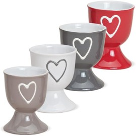 matches21 Colourful Ceramic Egg Cups in Set of 4 with Heart Decoration in Grey Red White Beige 6 x 5 cm 4 Assorted Designs