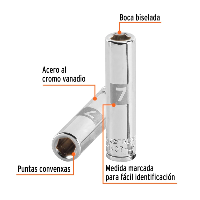 Truper D-1407-LM, Dado de 6 puntas, largo, cuadro 1/4" de