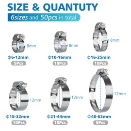 Set of 50 Hose Clamps Stainless Steel Set 6-63 mm Clamping Range 8-12 mm Band Width, AZ GOGO Professional Pipe Clamps Set & Hose Clamps with Screwdriver, for Hose Attachment, Worm Thread