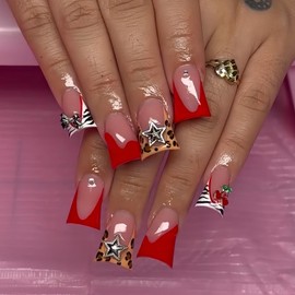 Red French Tips Press on Nails Medium Duck False Nails with Rhinestones Star Charm Design Leopard Zebra Tips Fake Nails Glossy Skin Tones Glue on Nails Cherry Stick on Nails for Women Manicure 24Pcs