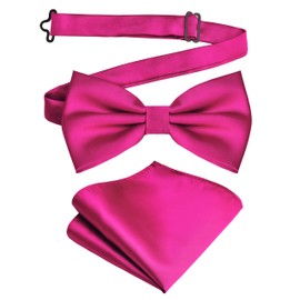 Branduce Mens Solid Color Double Fold Pre-tied Bow Tie and Pocket Square Set, Hot Pink, general
