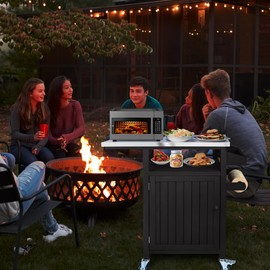 Outdoor Grill Table, Solid Wood Grill Cart with Storage, Outdoor Prep Table with Stainless Steel Top, BBQ Tables Cart with Lockable Wheels, Movable Kitchen Island for Outside Patio Backyard, Walnut