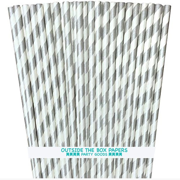 Striped Paper Straws - Silver White - 7.75 Inches - 100 Pack - Outside The Box Papers Brand
